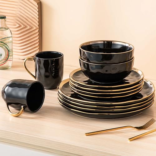 LOVECASA Black and Gold 16-Piece Dinnerware Set for 4 - Plates, Bowls, Mugs