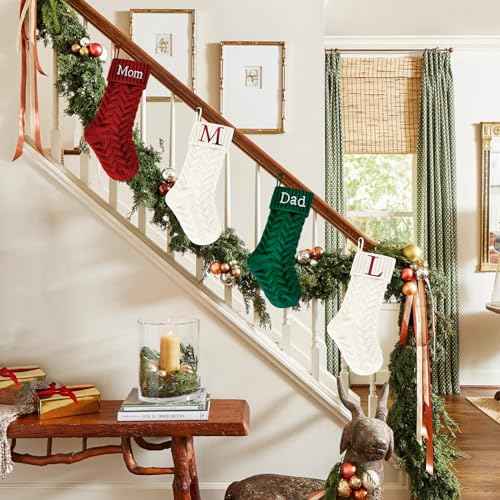 18 Inches Personalized Initial Monogram Christmas Stockings Ivory Family Xmas Stockings for Fireplace and Home Decor,Embroidered Letter L