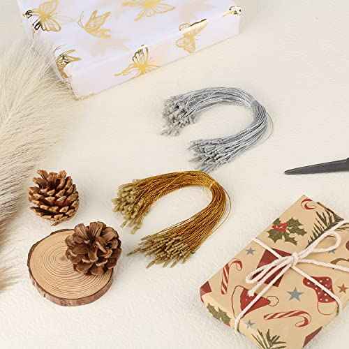 Savita 200pcs Christmas Ornament Hanger String, Precut Metallic Ribbon for Ornament Hanging with Snap Fastener Ornaments Snap Cord for Christmas Tree Party Supplies (Gold & Silver)
