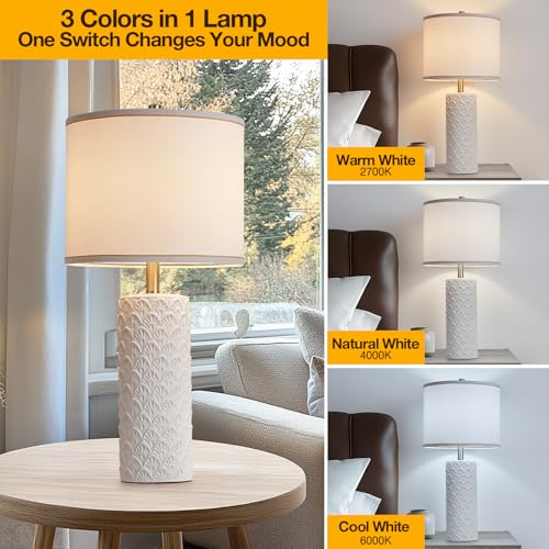 HELJIA 27-Inch White Farmhouse Table Lamp Set of 2 - Modern Minimalist Design, Adjustable Color Temperature, Easy Assembly