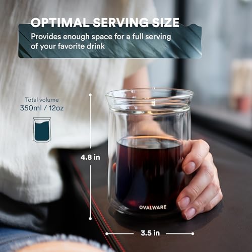 Ovalware 11.8oz Double Wall Insulated Borosilicate Glass Cup Set of 2 – Durable Coffee & Tea Mug
