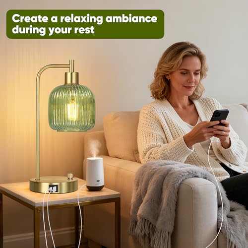 Green Glass Dimmable Table Lamps Set of 2 with USB Ports - Gold & Green Variation