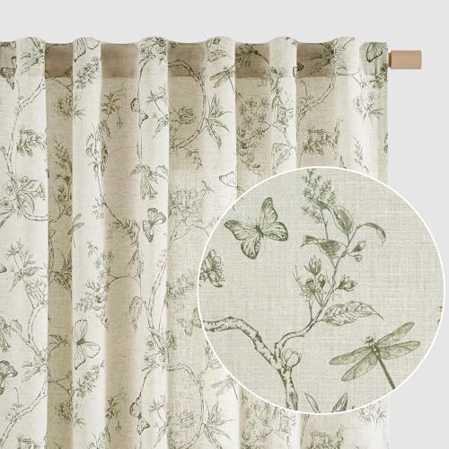 Charlotte Green Linen Floral Curtains - Farmhouse 50x84 Inches, Pack of 2