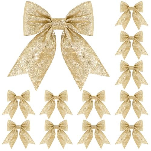 KINGLAKE Champagne Glitter Christmas Tree Bows - 12 Pack, 6 x 7 Inch Holiday Decor