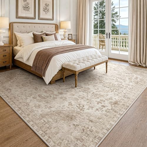 Beauoop 8x10 Beige Vintage Oriental Area Rug for Bedroom - Washable, Low Pile, Non Slip