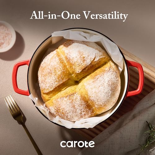 CAROTE 4QT Red Enameled Cast Iron Dutch Oven with Lid - Heavy Duty, Versatile Cooking Pot