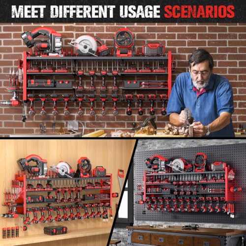 Red 49.8-inch Power Tool Organizer Wall Mount for 18 Cordless Drills - 4 Layers