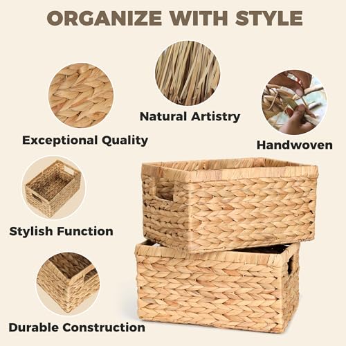 Set of 2 Water Hyacinth Wicker Storage Baskets with Handles - Natural Organizers for Shelves & Home