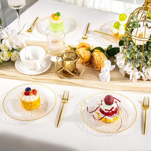 Clear Gold Hammered Plastic Dessert Plates & Forks Set - 240 Pcs Party Tableware