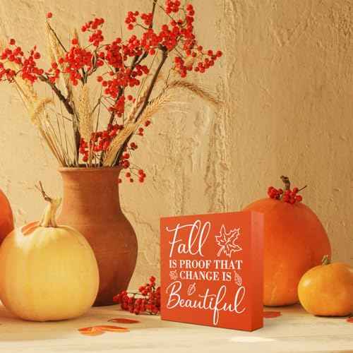 Rustic Fall Decor Fall is Proof That Change is Beautiful Wooden Box Sign Thanksgiving Decorations Farmhouse Autumn Desk Decor Autumn Leaves Wood Sign for Home Office Shelf Tiered Tray Centerpiece