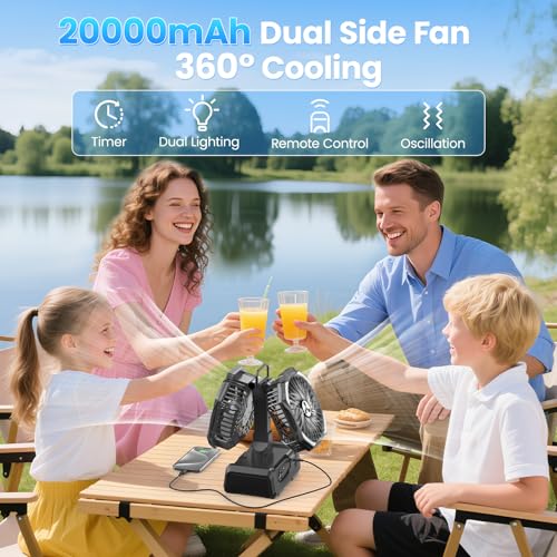 Black Dual Head Portable Rechargeable Fan 20000mAh Battery Powered Outdoor Fan