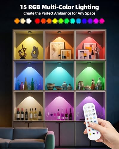 Rechargeable RGB LED Puck Lights with Remote Control, Dimmer & Timer - Black, 12 Pack, Color Temp Options