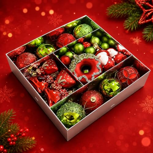 60-Piece Red & Green Christmas Ornament Set for Tree Decorations