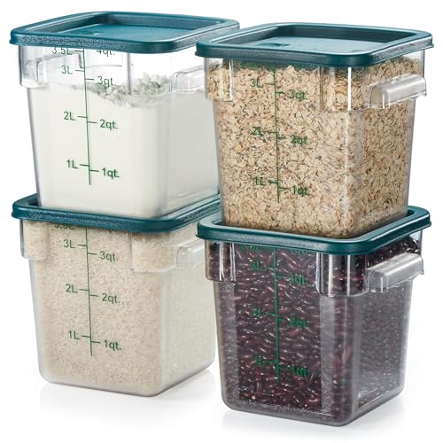4 Pack Food Storage Containers with Green Lids - 4 Qt Square Polycarbonate
