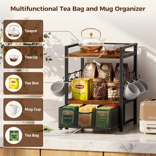 Plaviya 3-Tier Tea Bag Organizer with Drawer for Countertop – Kitchen & Tea Bar Storage