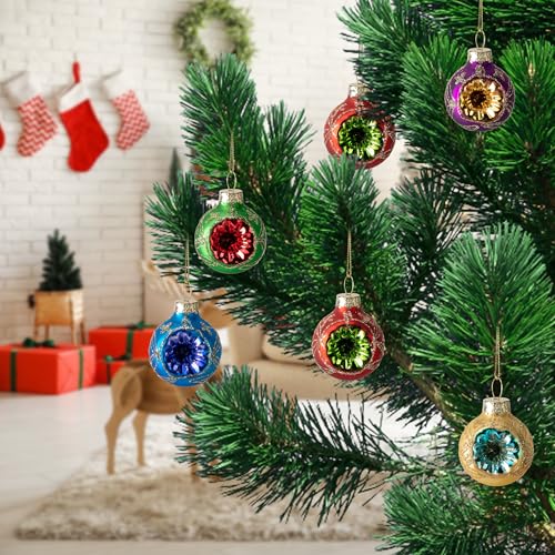 9 Pcs Christmas Glass Reflector Ball Ornaments - 1.6 Inch Hanging Holiday Decor
