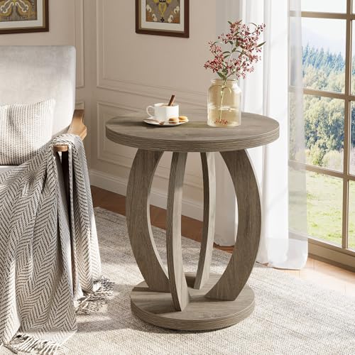 Round End Table with Storage - Rustic Grey Side Table, MDF, 23.6 Inch