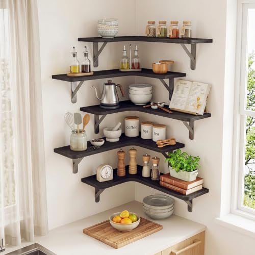 Fixwal Conner Wall Shelves Set of 5 - Rustic Black Corner Storage