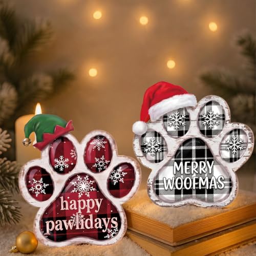 Memorywuu 2 Pcs Christmas Paw Print Table Decor Set - Buffalo Plaid Snowflake Variant