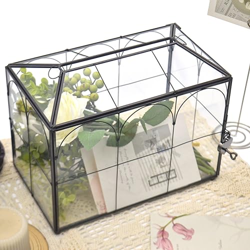 Large Black Glass Wedding Card Box with Lock and Slot - Vintage Reception Envelope Holder