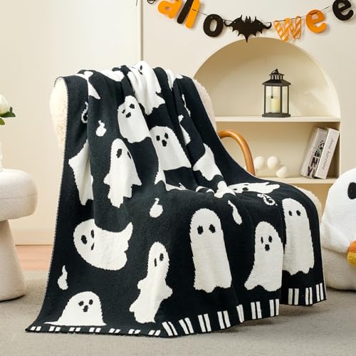 Halloween Ghost Throw Blanket - Black & White 50x60 Inch Chenille Cozy Sofa Decor