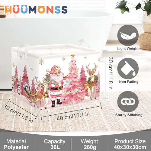 Pink Santa Claus Baby Laundry Hamper Christmas Clothes Kids Storage Basket Large Poinsettia Reindeer Sleigh Snowflake Girls Gift Toy Box Bin, Tree, 36L