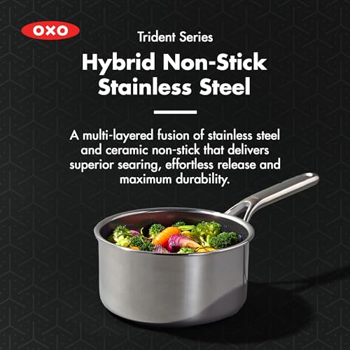 OXO Hybrid 2.5QT Nonstick Saucepan with Glass Lid - PFAS-Free Ceramic, Oven Safe to 850F, Induction Compatible, Dishwasher Safe, Tri-Ply Stainless Steel