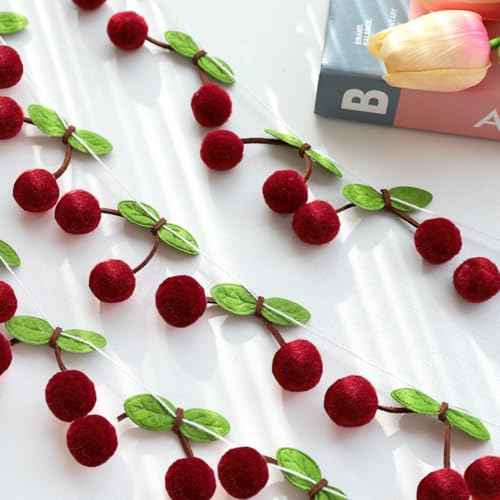 3 Pack Cherry Garland Decoration Felt Cherries Birthday Garlands Banner DIY Fruit Hanging Decorations Home Decor Garland Decorations for Christmas Birthday Wedding Fireplace Decor