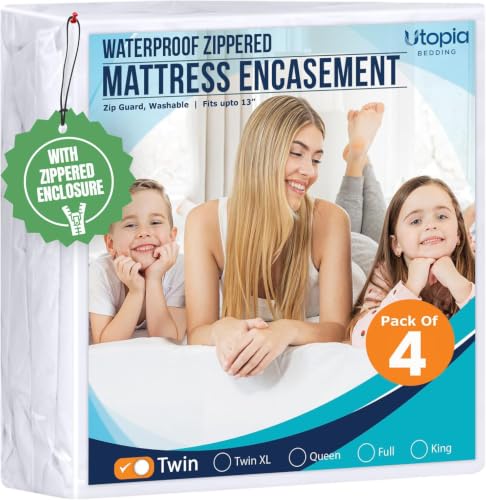 Twin Size Mattress Protector Encasement Pack of 4 - Waterproof Bed Bug Dust Mite Proof Zippered Cover