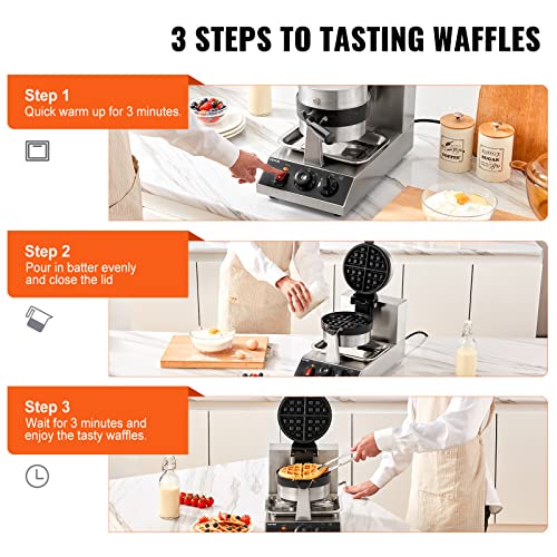 Commercial Waffle Maker 4Pcs Set, 1300W Round Non-Stick Rotatable Waffle Iron