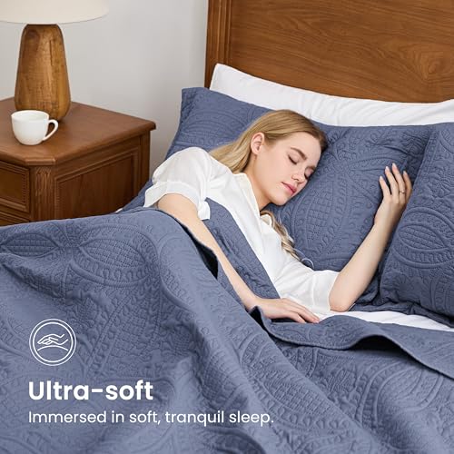 Oversized King Quilt Set with Pillow Shams - Bluish Grey Coin Pattern Bedding