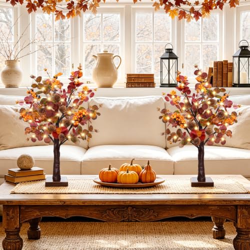 TURNMEON 2 Pack 18-Inch Prelit Fall Trees with LED Lights & Timer