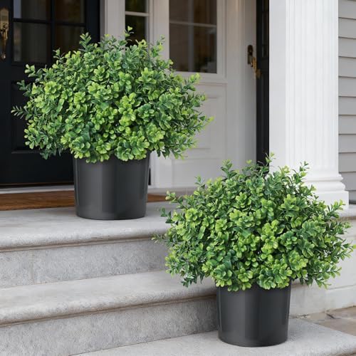 Artificial Boxwood Topiary Trees Set of 2 for Outdoor & Indoor Decor, 17 Inches