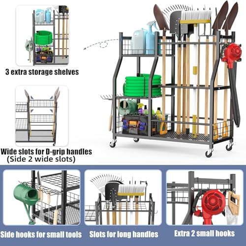 WALMANN Garden Tool Organizer with Wheels, Black, 36.25in Rake & Shovel Stand