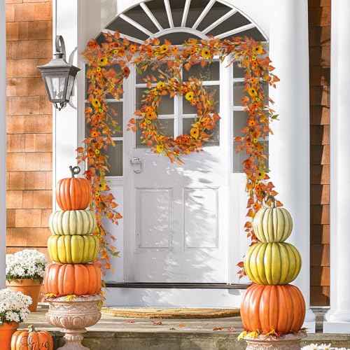 HUAESIN Fall Decor 6FT Fall Garland Autumn Eucalyptus Maple Leaves Harvest Festival Thanksgiving Christmas Hanging Flower Garlands for Home Mantle Fireplace Wedding Arch Dining Table Halloween Decor