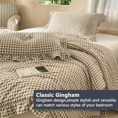 Tan Gingham Ruffled Comforter Set - Queen Size Farmhouse Bedding