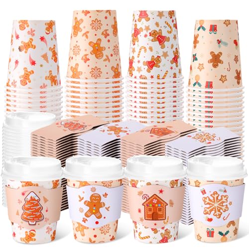 Mimorou 8 oz Christmas Disposable Coffee Cups with Lids & Sleeves, 100 Pack