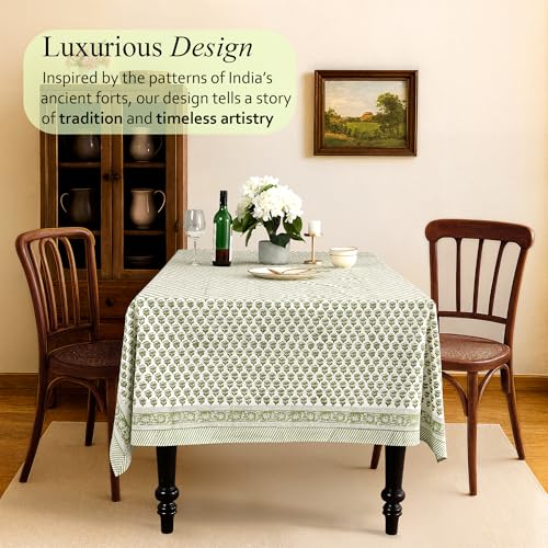 Emerald Green Cotton Tablecloth 70x108 Inch Rectangular Hand Block Print