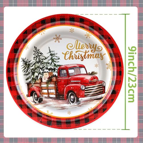 Christmas Paper Plates 24 Pack 9 Inch Rustic Truck & Red Plaid Holiday Dinnerware