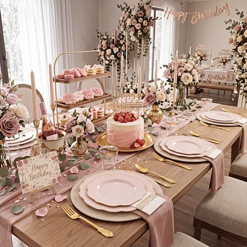 Pink 175-Piece Disposable Party Set with Gold Cutlery & Napkins - 25 Guests