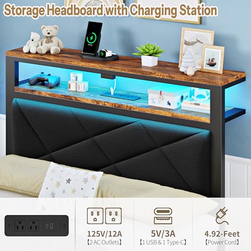 Black Twin Size Bed Frame with RGB LED Lights, 2-Tier Shelf & Charging Station