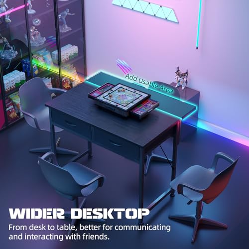 MUTUN 31 Inch Black Computer Desk with Drawers, Adjustable Monitor Stand & LED Light