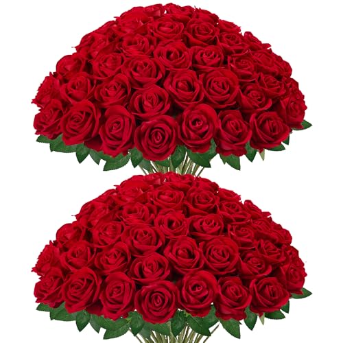 Artificial Roses Flowers 50 Pcs Faux Velvet Silk Stems - Red, Variation of THIS listing
