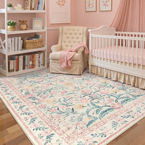 5' x 7' Pink Nursery Rug for Girls Bedroom - Washable Boho Floral Non-Slip Floor Carpet