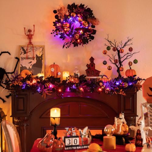 Halloween Pumpkin Wreath for Front Door Decor - 18 Inch Fall Autumn Welcome