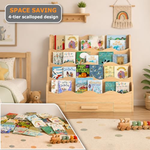 4-Tier Montessori Kids Bookshelf with Scalloped Edges and Drawer