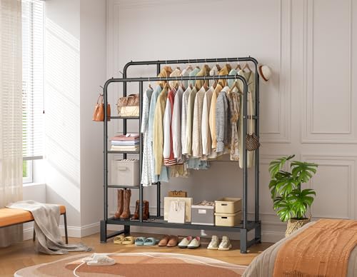Black Double Rod Clothes Rack with Storage Shelves and Hooks - Heavy Duty Garment Organizer