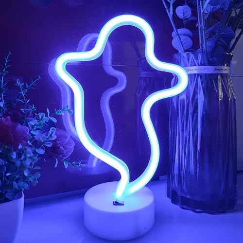 JYWJ Neon Signs with Holder Base,USB or 3-AA Battery Powered Neon Light,LED Desktop Wall Decoration,Various Parties,Decoration of Business Premises(Ghost)
