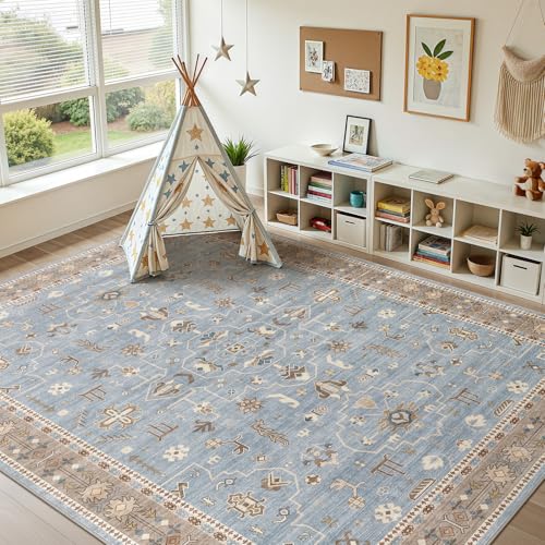 Blue and Brown 8x10 Washable Vintage Area Rug - Pet Safe, Non-Slip, Easy-Care