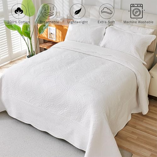 White Oversized King Cotton Quilt Set 128x120 Super King Bedding 3 Pieces